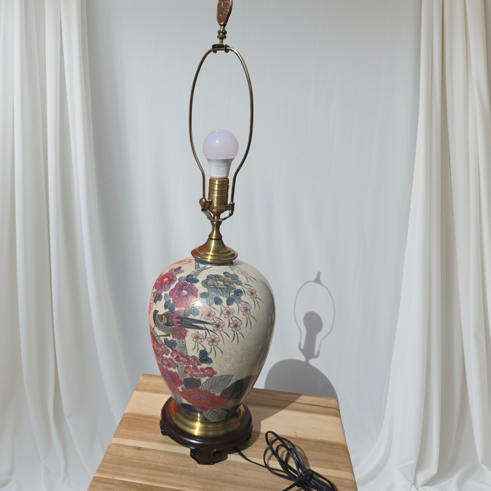 VTG Wildwood Table Lamp Ceramic Floral Bird Chinoiserie Crackle Glaze Brass Base